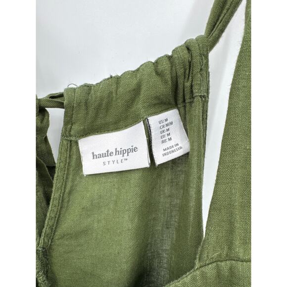Haute Hippie Boho Linen Blend Cropped Wide Leg Overalls Jumpsuit Green Medium - Picture 6 of 8
